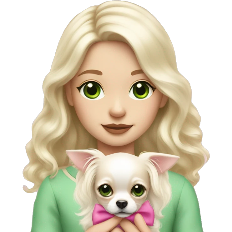 pale blond girl with wavy long platinum hair with green eyes holding a white chihuahua puppy that wearing a pink bow emoji
