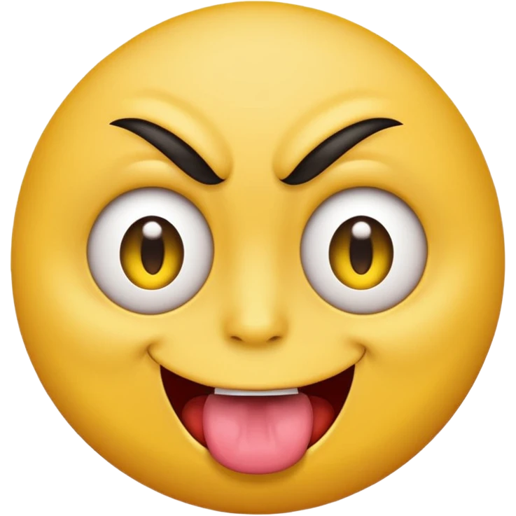 A yellow round face emoji smirking with its tounge out but the eyes are evil and kind of crazy and only one eyebrow is raised higher than the other emoji