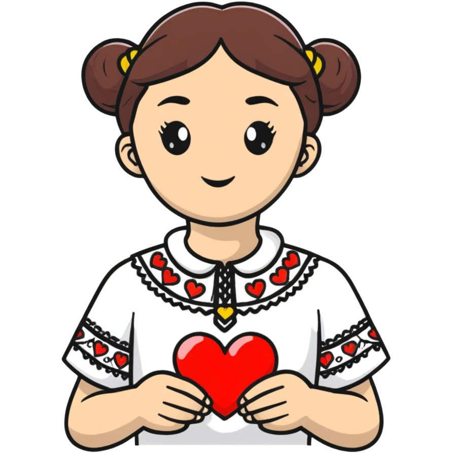 beautiful young girl wearing a white Ukrainian embroidered shirt with a big heart emoji