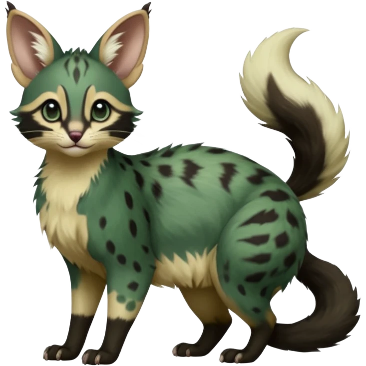 Dark-Green, black-pointed, soft natural realistic romantic vintage antique divine beautiful elegant pretty precious cute young youthful  Fakémon-Pokémon-opossum-feline-serval-caracal-chinchilla-Minccino-Cinccino-Meowstic-rodent-hybrid-creature with a big fluffy bushy tail (full body) emoji