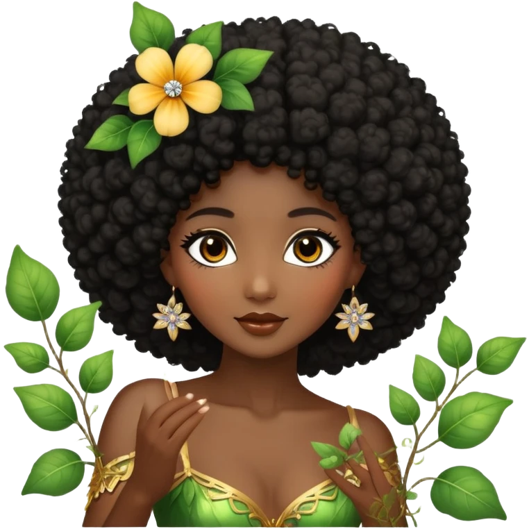 Dreamy diamond nature fairy with brown eyes Afro black hair dark skin touching a flower vine and rhinestone dancing emoji