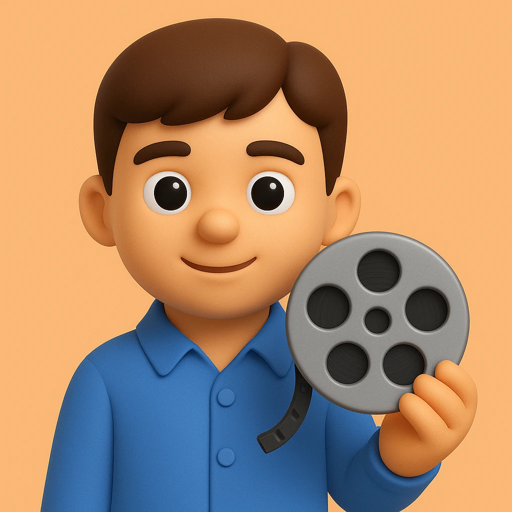Create a 3D emoji style image of a different person wearing a shirt and holding a cinema symbol such as a film reel or clapperboard. The style should resemble Microsoft style 3D fluent emojis. emoji