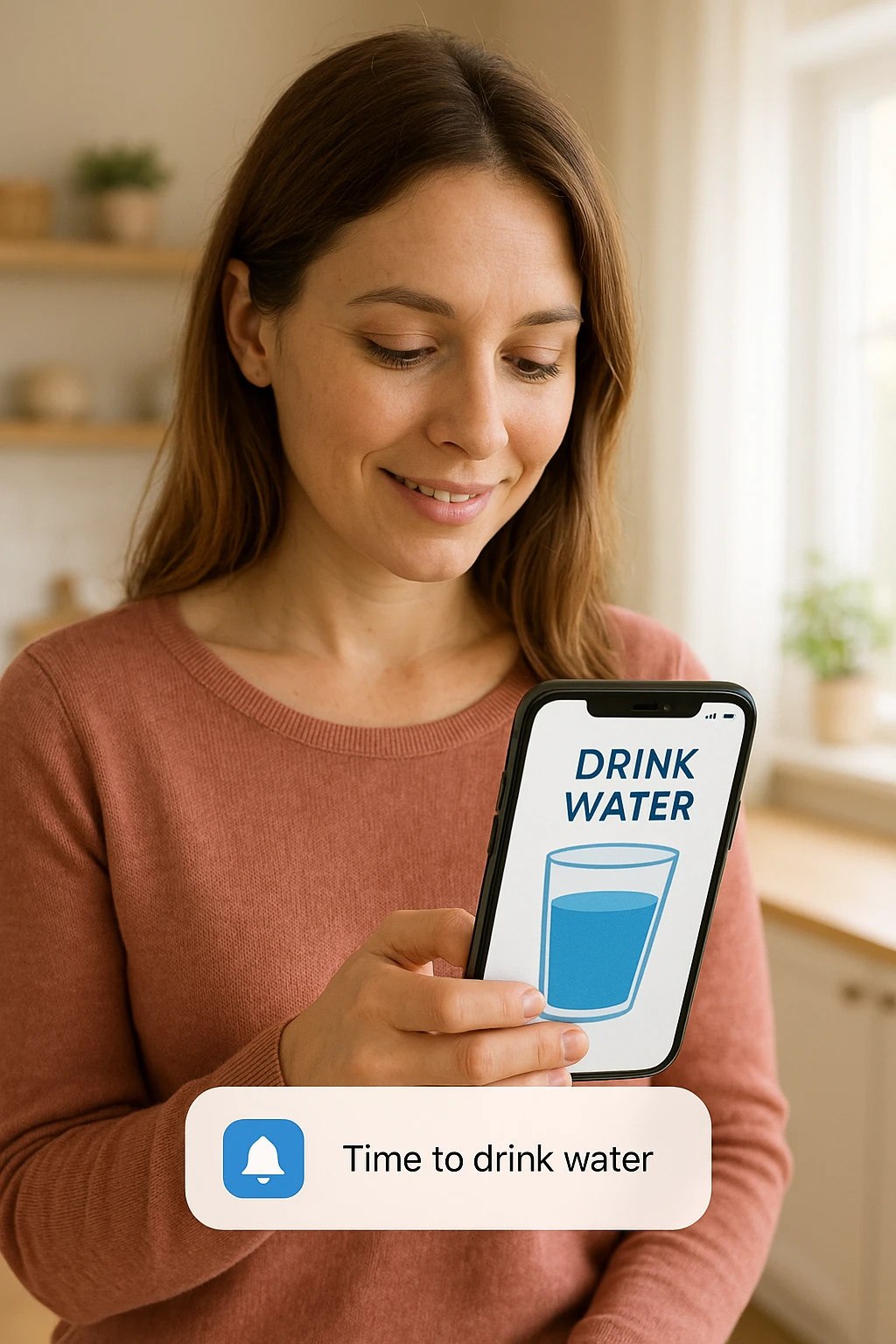 Donna che usa App per ricordarsi di bere, altrimenti non beve mai testo in italiano emoji