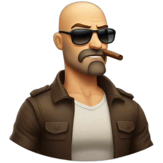 Bald muscular man with brown beard and sunglasses smoking cigar angry face emoji