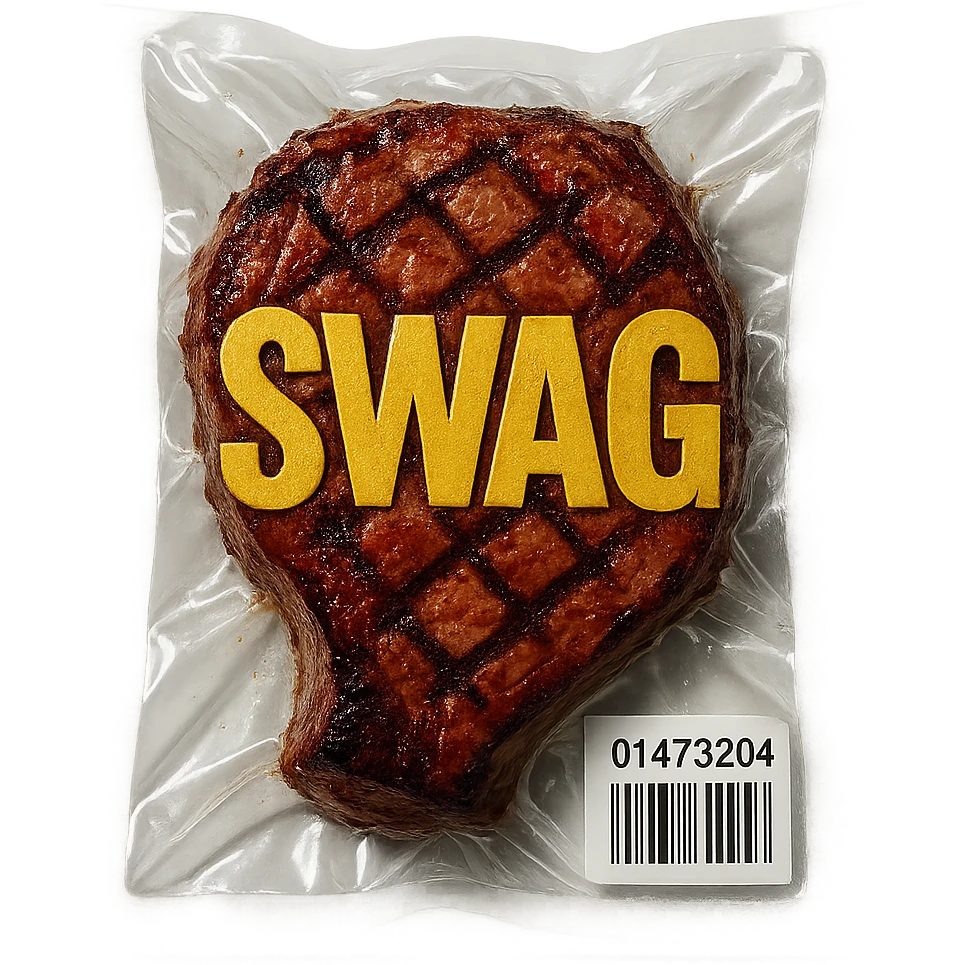 grilled steak with bold gold 'SWAG' letters, glossy vacuum-sealed style emoji