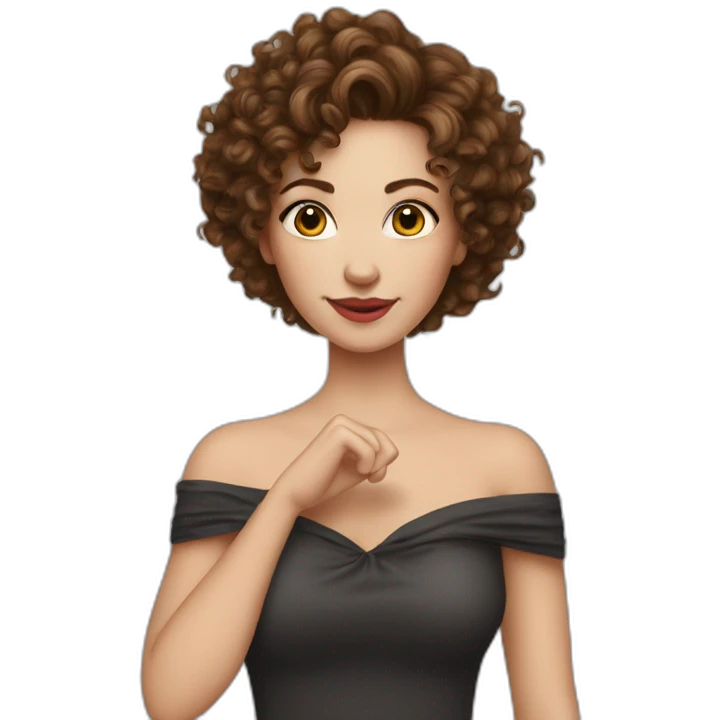 white woman-designer with brown curly hair, wears Off Shoulder Batwing Tank makes heart with her finger emoji
