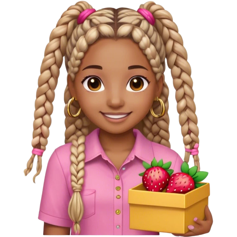 a girl named samaya with light brown, skin box braids, brown eyes, pink shirt, that has a strawberry on it small gold hoop earrings, emoji