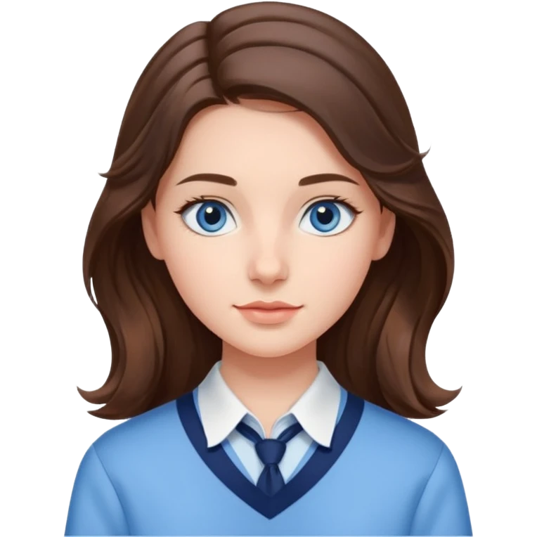 Realistic Student Portrait, with porcelain-like skin featuring a natural rosy flush, iHer Brunette Half-Up Style for Straight  hair flows in soft, Her deep blue eyes radiate warmth and innocence,  wear light blue preppy style. emoji