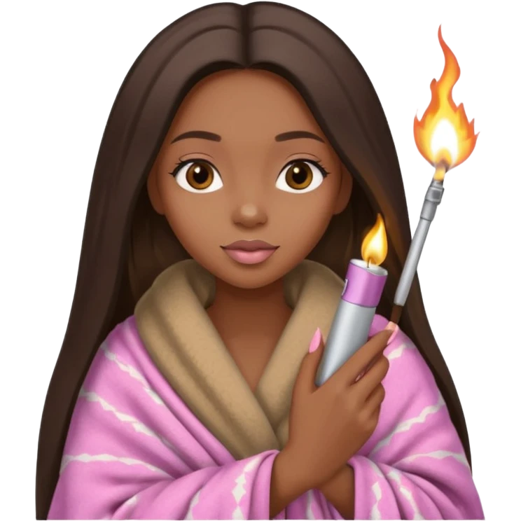 Curvy, light brown long hair, pretty black girl light pink lipgloss wrapped in blanket holding a lighter and blunt emoji