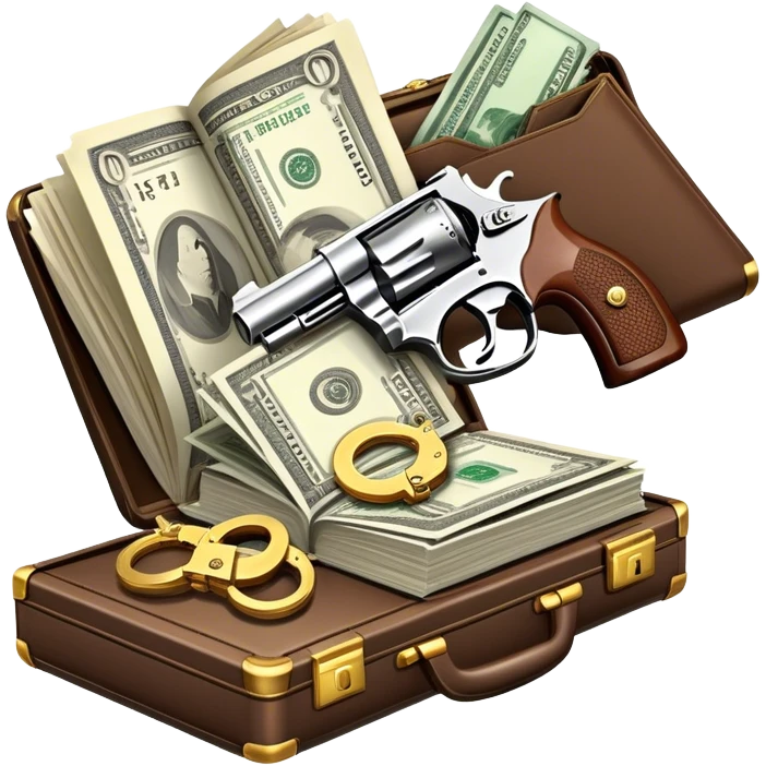 Icon for Action & Crime Reading: an open book with action-packed scenes, featuring a gun, handcuffs, a detective's badge and a briefcase with money. The icon should capture the tension and excitement of crime and action stories. Transparent background. emoji