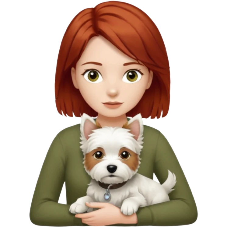 Westhighland white terrier dog being held by woman with dark shoulder length red hair and hazel eye wearing olive green top emoji