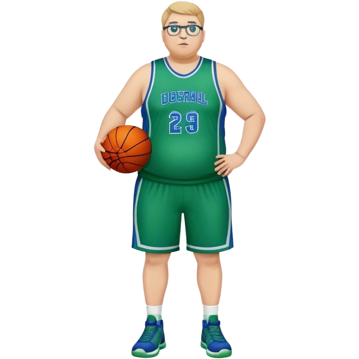 full body overweight tall white male basketball wearing glasses in blue an green uniform emoji