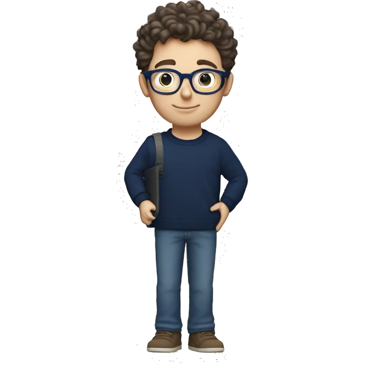 caucasian white boy with dark wavy  hair, blue glasses, and carrying design paper plan because he is an architect carrying a pencil and a set model maquette. wearing a navy blue long sleeve sweater shirt. smart.  emoji