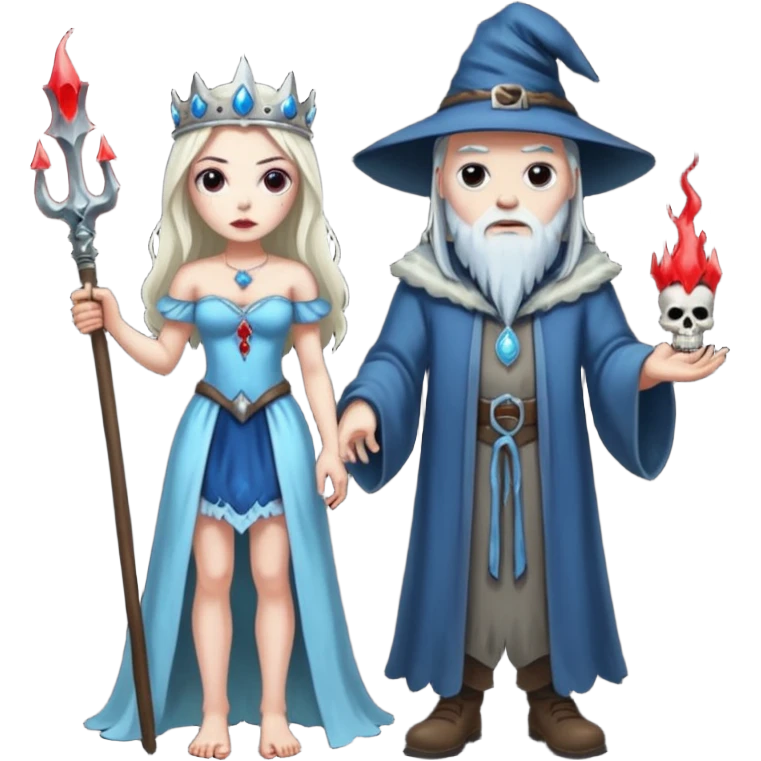 An attractive Alaskan princess, full body, Standing next to a wizard In the style of your bleeding skull art. Dark gritty and menacing  emoji