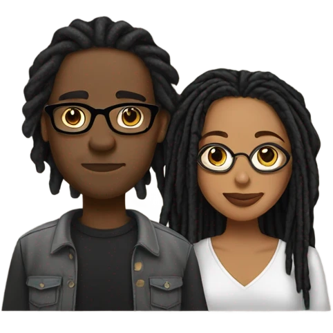 black couple with locs, male light skin with long black locs, female brown skin with glasses and BLACK locs tied up kissing emoji