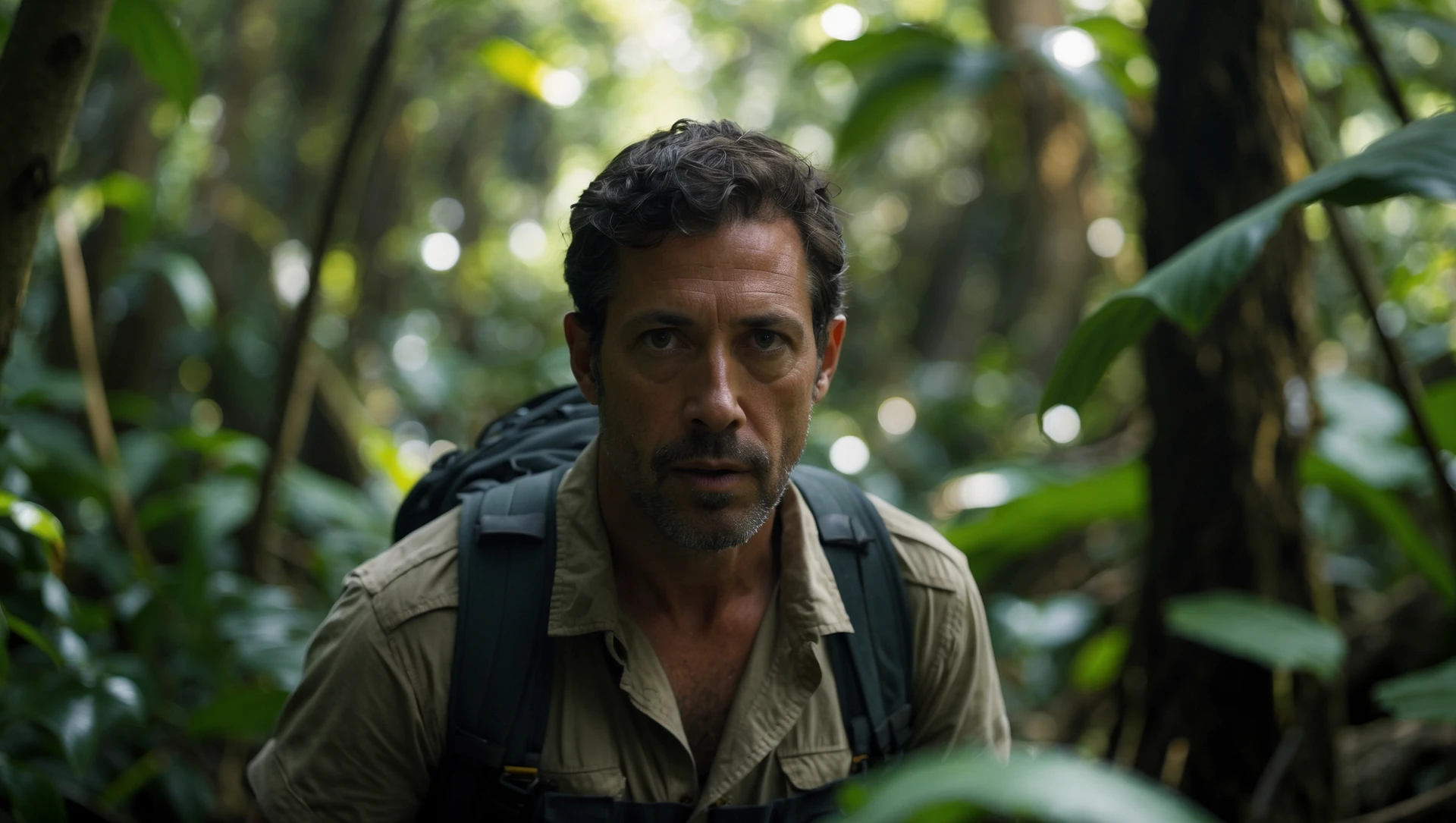 cinematic still, documentary photography, amazon jungle, well lit scene, man is exploring the jungle, close up, front shot emoji