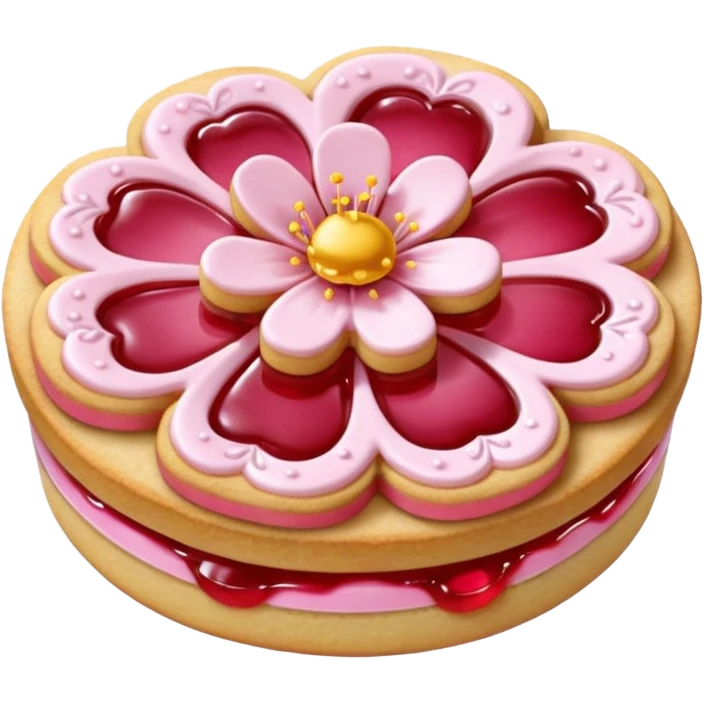 Realistic shortbread cookie in the shape of a cherry blossom with pale pink color jelly middle filling and sprinkled powder sugar on top. emoji