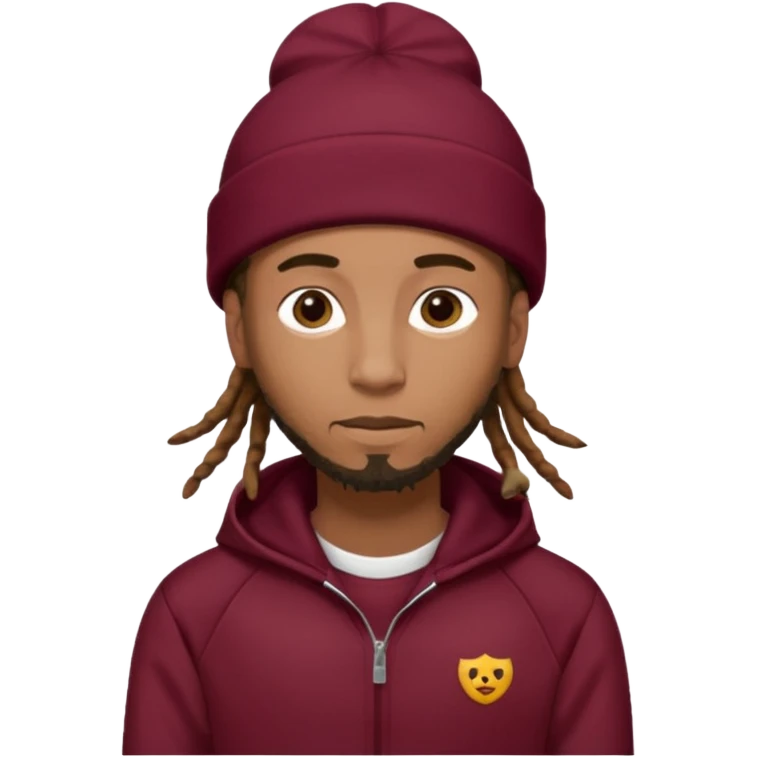 Animate a caramel skinned male with brown dreads and a tan beanie with a burgundy tracksuit on with no beard  emoji