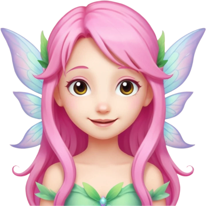A tiny pastel fairy with pink long hair with glowing wings and a sweet smile  emoji
