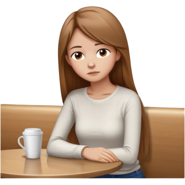 Cartoon emoji of a girl with long, straight light brown hair, fair skin, brown eyes. Wearing a white top and simple pants. Sitting alone at a café table, shoulders slightly hunched, head slightly down, looking unsure and thoughtful emoji