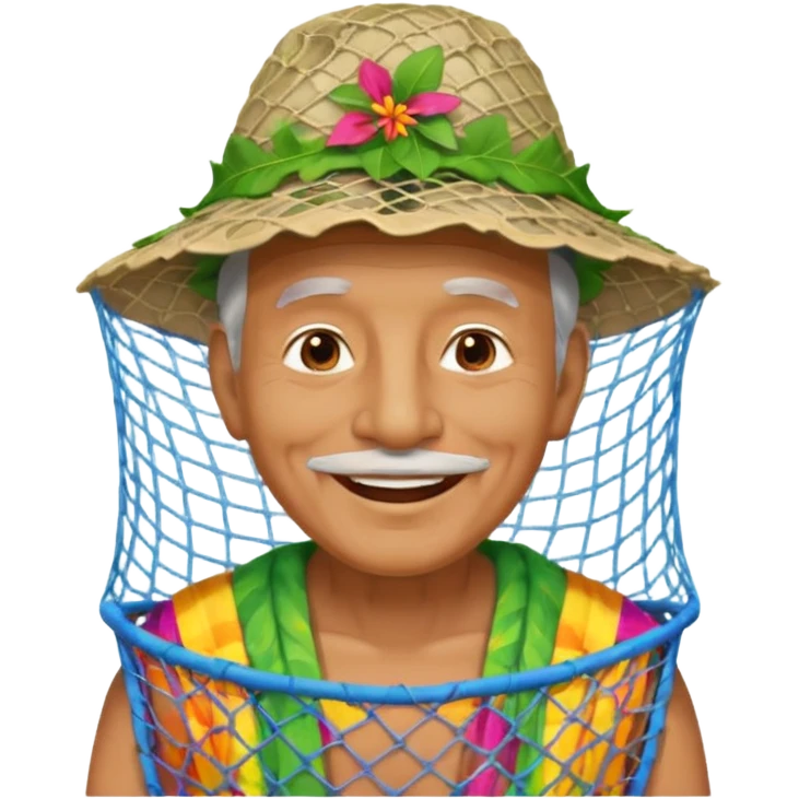 Hawaiian old man with leaf hat and big trash net and colorful cloth emoji