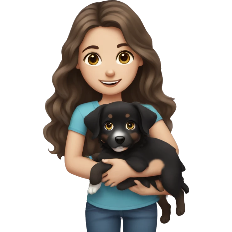 girl with brown hair and blue eyes holding black australian shepherd puppy emoji