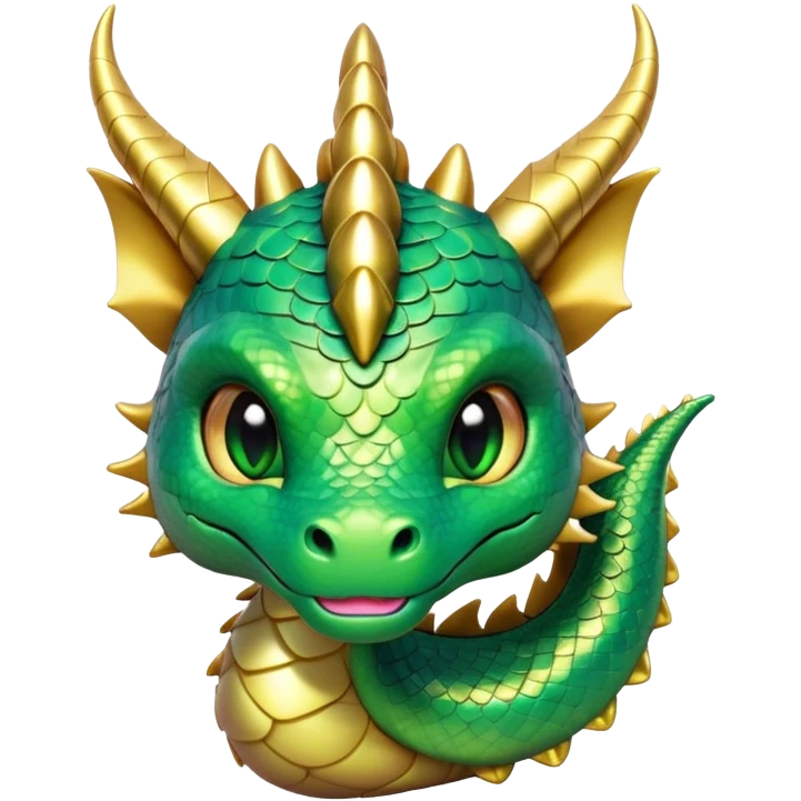 Cinematic Cute Dragon Portrait Emoji, Head tilted playfully and inquisitively, featuring a sleek, serpentine form adorned with iridescent scales that shift between emerald and gold, a delicate set of subtle horns, and round, sparkling eyes full of curious magic; rendered with realistic detail and warm natural light, high shine, affectionate and enchanting, styled with a touch of whimsical fantasy, soft glowing outline, capturing the essence of a mischievous yet lovable dragon that seems poised to slither playfully into your arms! emoji
