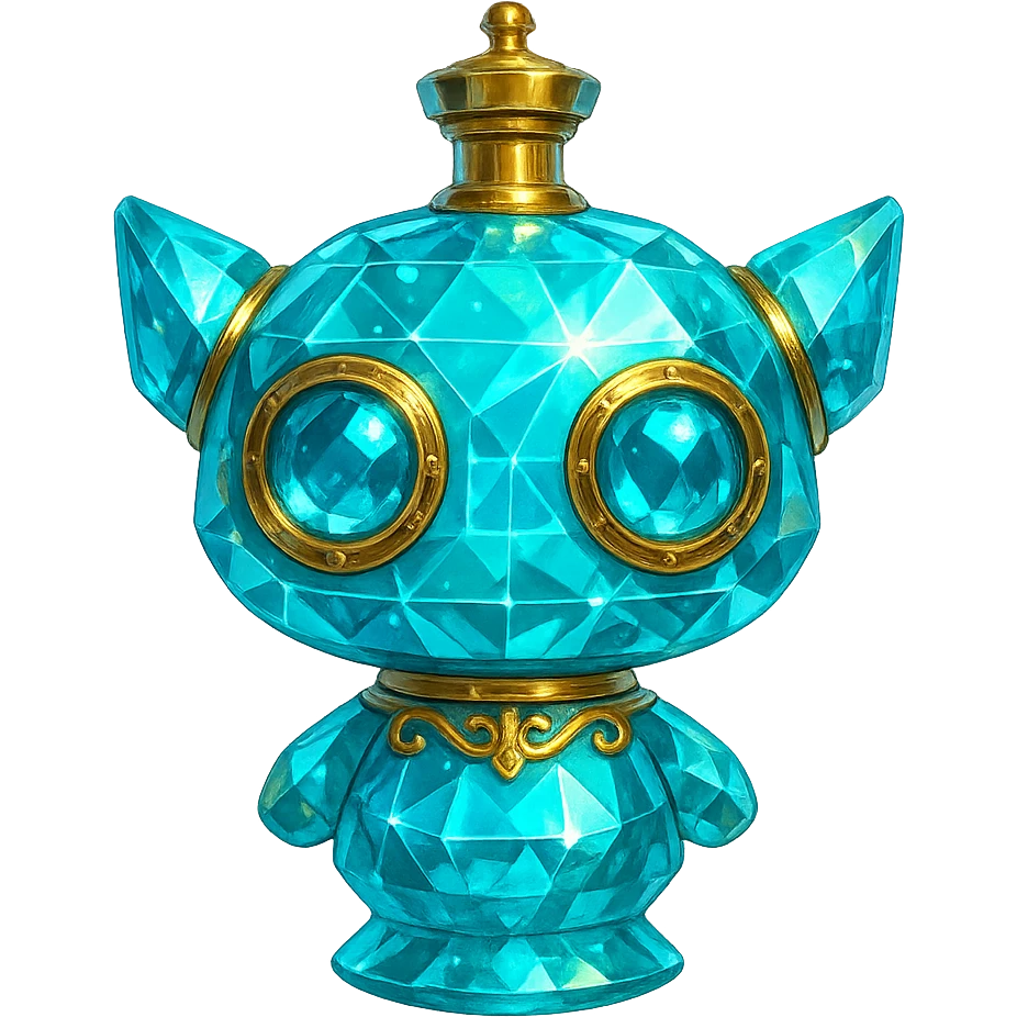 luxurious crystal elixir bottle shaped like a cute robot head, cyan color, lots of glowing, facets, ornaments, golden details, magical effects, very small golden neck, transparent background, beautiful merging base, clearly floating in air, no ground or shadow, premium class, friendly, playful, fits in a collection emoji