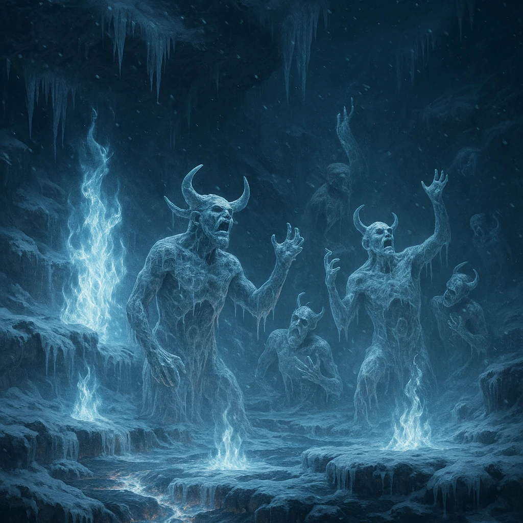 a dramatic scene of hell freezing over, with icy flames, frozen demons, and snow-covered lava, highly detailed, atmospheric emoji