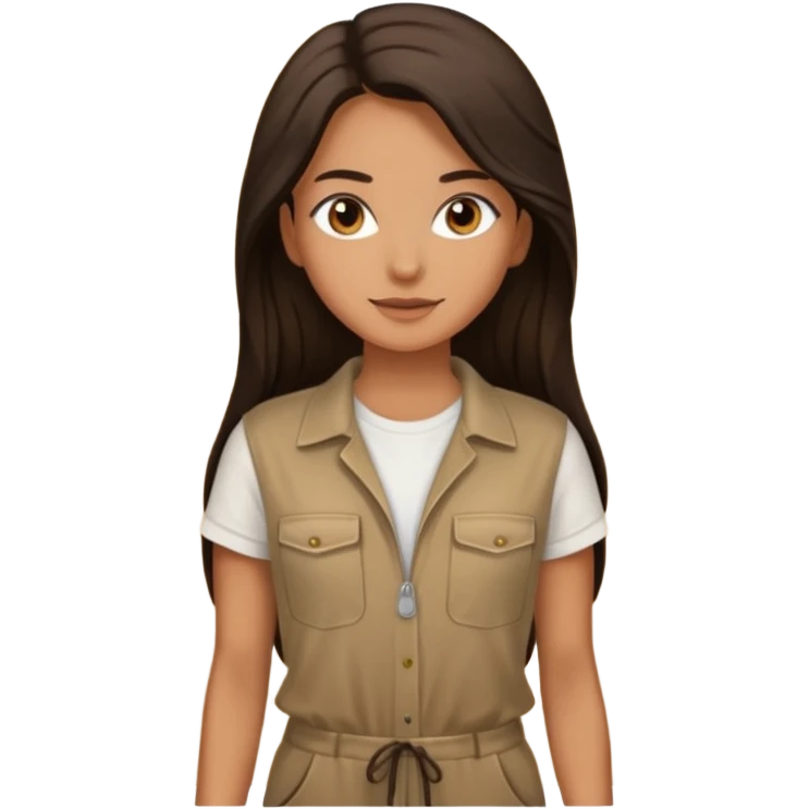 Keep everything the same, but change the outfit to a brown jumpsuit with a white t-shirt. Make the hair much longer and slightly darker in color. emoji