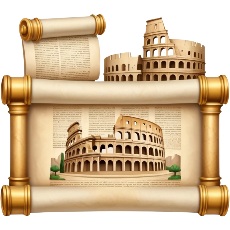 An icon featuring an ancient scroll, surrounded by famous historical landmarks and statues of notable figures, like the Colosseum or Napoleon. The design symbolizes the exploration of history through monuments and people. Transparent background highlights the pas emoji