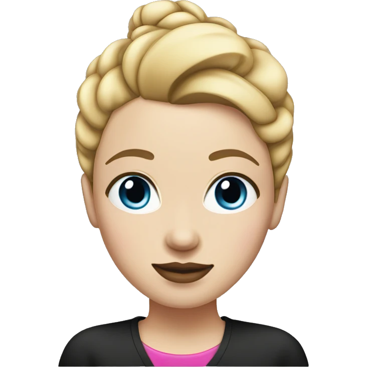 a woman with freckles, blue eyes, light skin, blonde straight hair with a bun, pink lips. black shirt. emoji