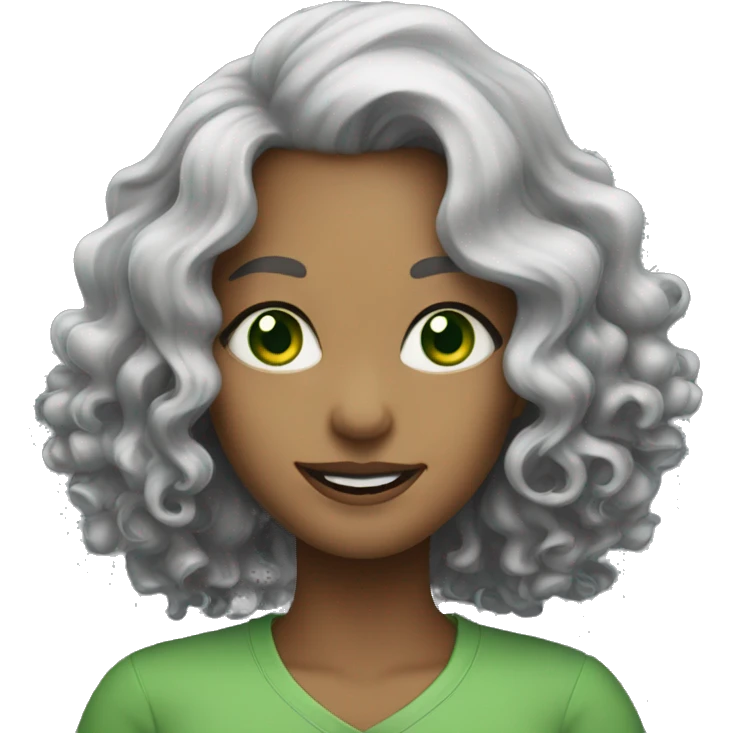 woman green eyes very long, curly grey hair smiling emoji