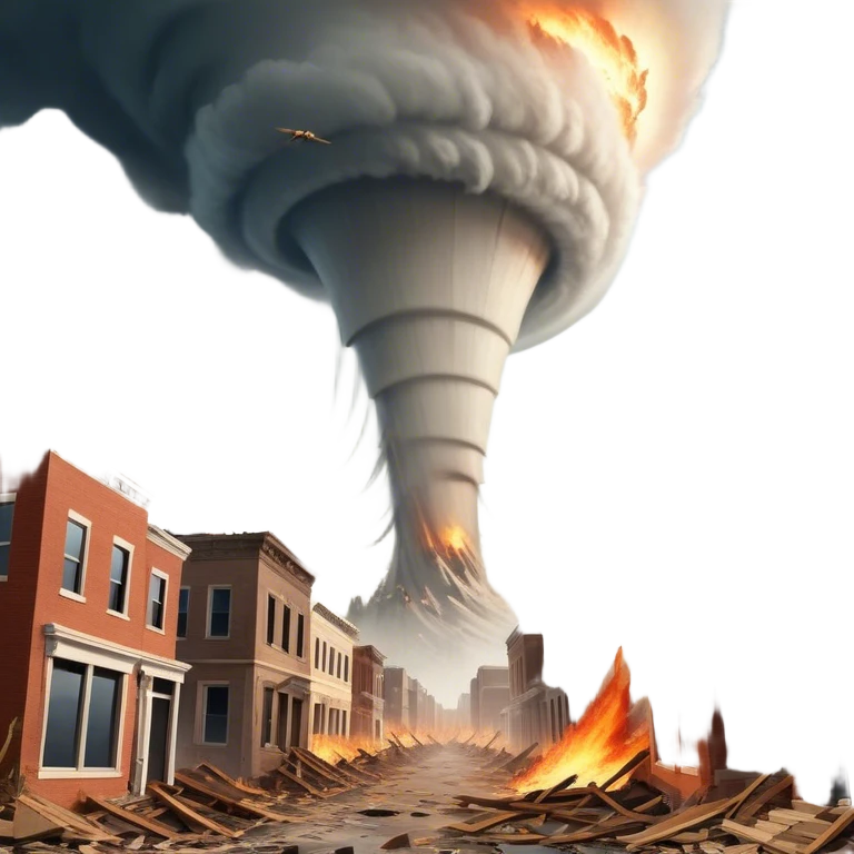 A vintage movie poster-style design with a dramatic scene of a natural disaster like an earthquake, tornado. Include crumbling buildings, flying debris and fiery explosions. The background should be chaotic, with a cinematic, apocalyptic vibe. Transparent background. emoji
