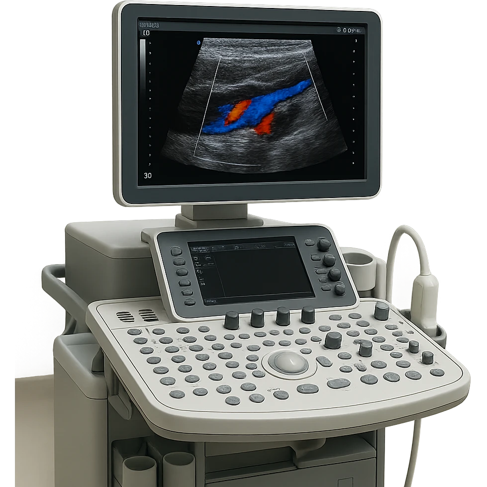 ultrasound machine showing color doppler scan, hospital setting, detailed controls emoji