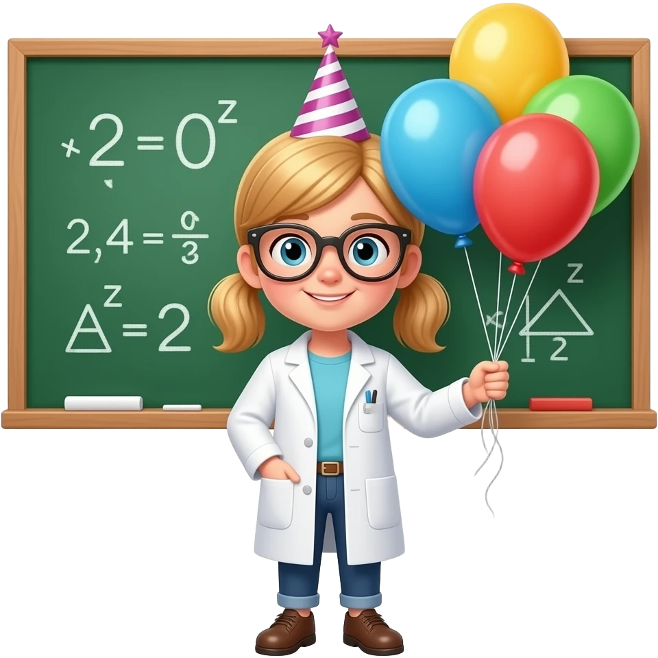 LITTLE BLOND GIRL  SCIENTIST STANDING IN FRONT OF GREEN BOARD WITH MATH SYMBOLS AND BIRTHDAY BALLOONSDAY BALLOONS emoji