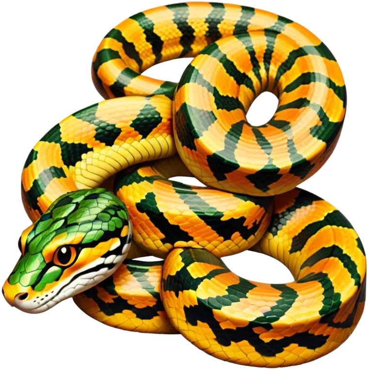Tiger python coiled up on the ground, blending with the dense jungle foliage. Its distinct orange and black stripes stand out against the vibrant green of leaves and plants. Sunlight filters through the trees, highlighting the snake's patterned scales. Transparent background. emoji