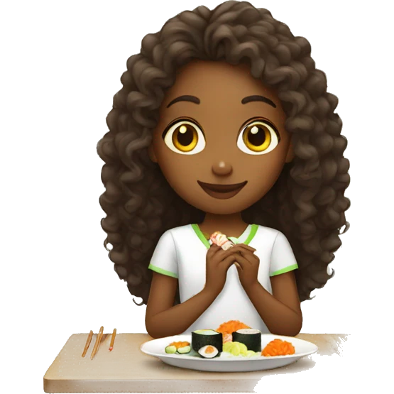 An ethiopian girl with long curly hair eating sushi emoji