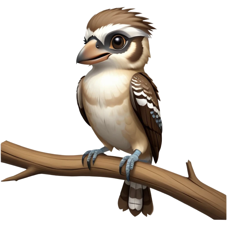 cinematic-kookaburra-realistic-full-body-perched-emoji,-compact-sturdy-frame-balanced-on-a-weathered-branch,-brown-and-white-feathered-wings-folded-neatly,-bold-striped-face-with-a-mischievous-glint-in-its-eye,-massive-sharp-beak-slightly-open-as-if-ready-to-laugh,-simplified-yet-realistic-focused-features,-highly-detailed,-glowing-with-a-warm-golden-light emoji