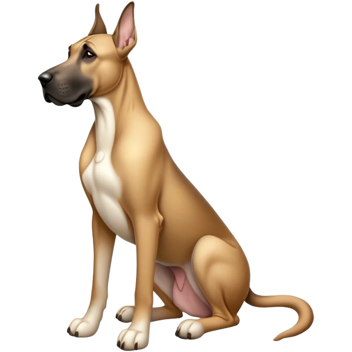 cinematic-[fawn great dane]-realistic-full-body-sitting-emoji,-tail-resting-loosely-beside-its-paws,-head-tilted-dramatically, ears down-sleek-[fawn]-fur,-simplified-yet-realistic-focused-features,-highly-detailed,-glowing-with-an-almost-sarcastic-glow emoji