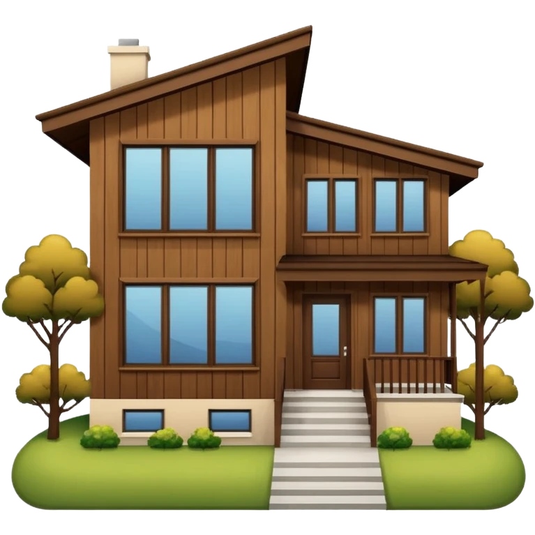 Make me a modern house with only one floor, with big windows and brown wood panel on the outside emoji