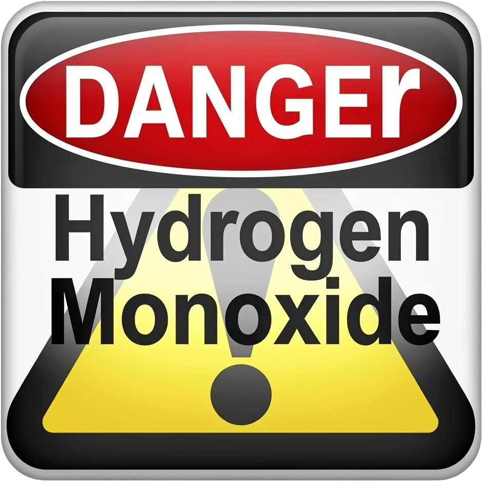 warning sign of dyrogen manoxide that reads emoji