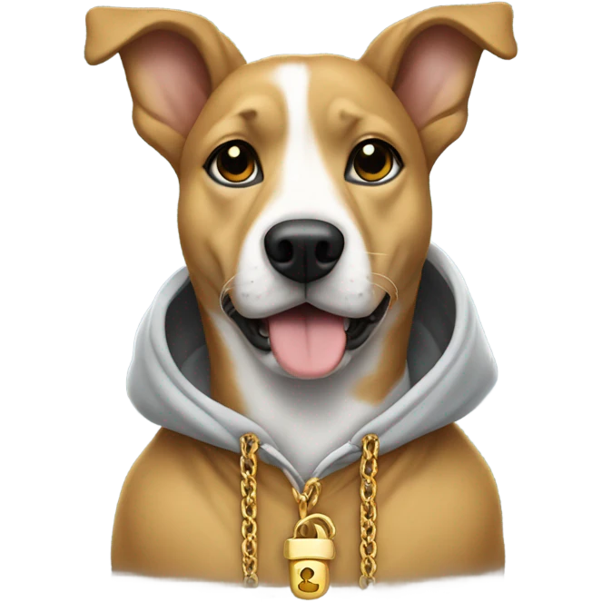 dog wearing a hoodie and gold chain with a paw pendel emoji