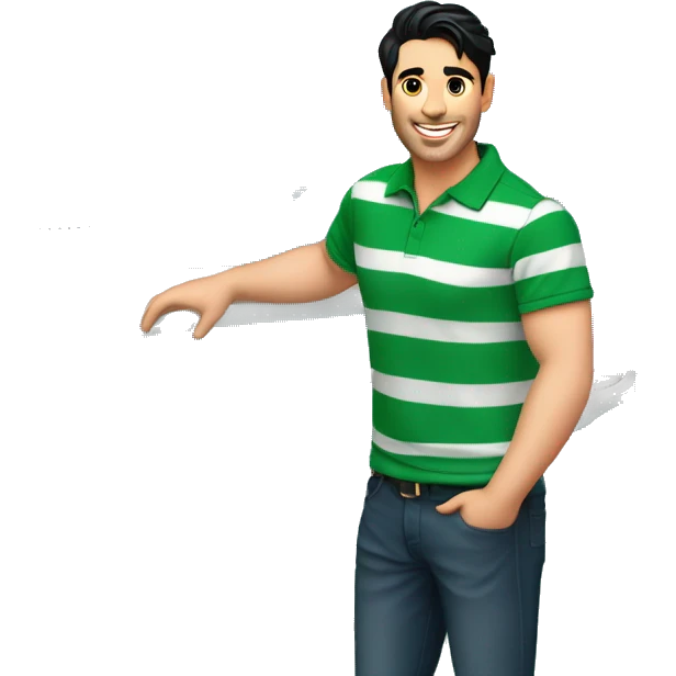 smiling handsome guy with black hair wearing green and white stripped polo tshirt standing near railing of a cruise ship with sea in the background. emoji
