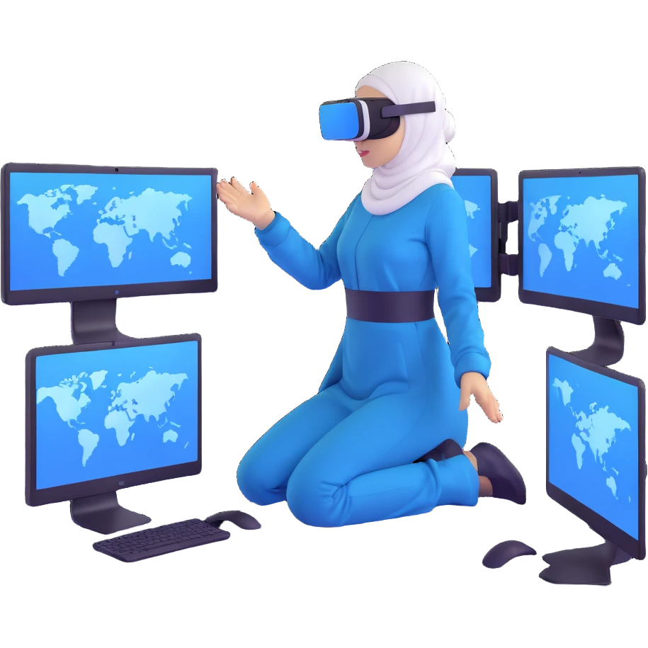 woman with white hijab in blue outfit working with multiple screens displaying digital world, virtual reality interfaces, metaverse elements, code visualization emoji