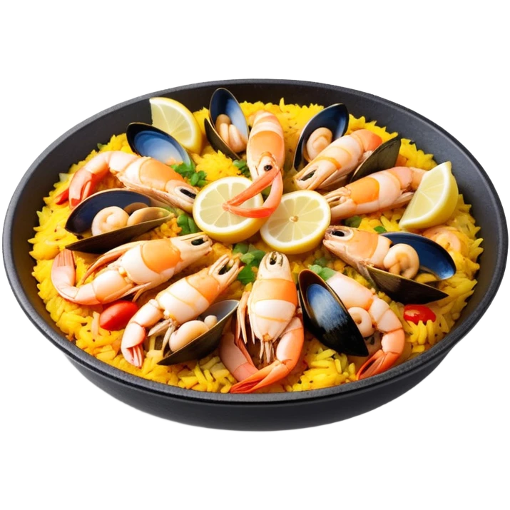 cinematic-realistic-paella-dish-emoji,-depicted-as-a-vibrant,-aromatic-rice-dish-loaded-with-seafood,-chicken,-and-saffron-rendered-with-rich-textures-and-dynamic,-warm-lighting with a lemon slice in the middle emoji
