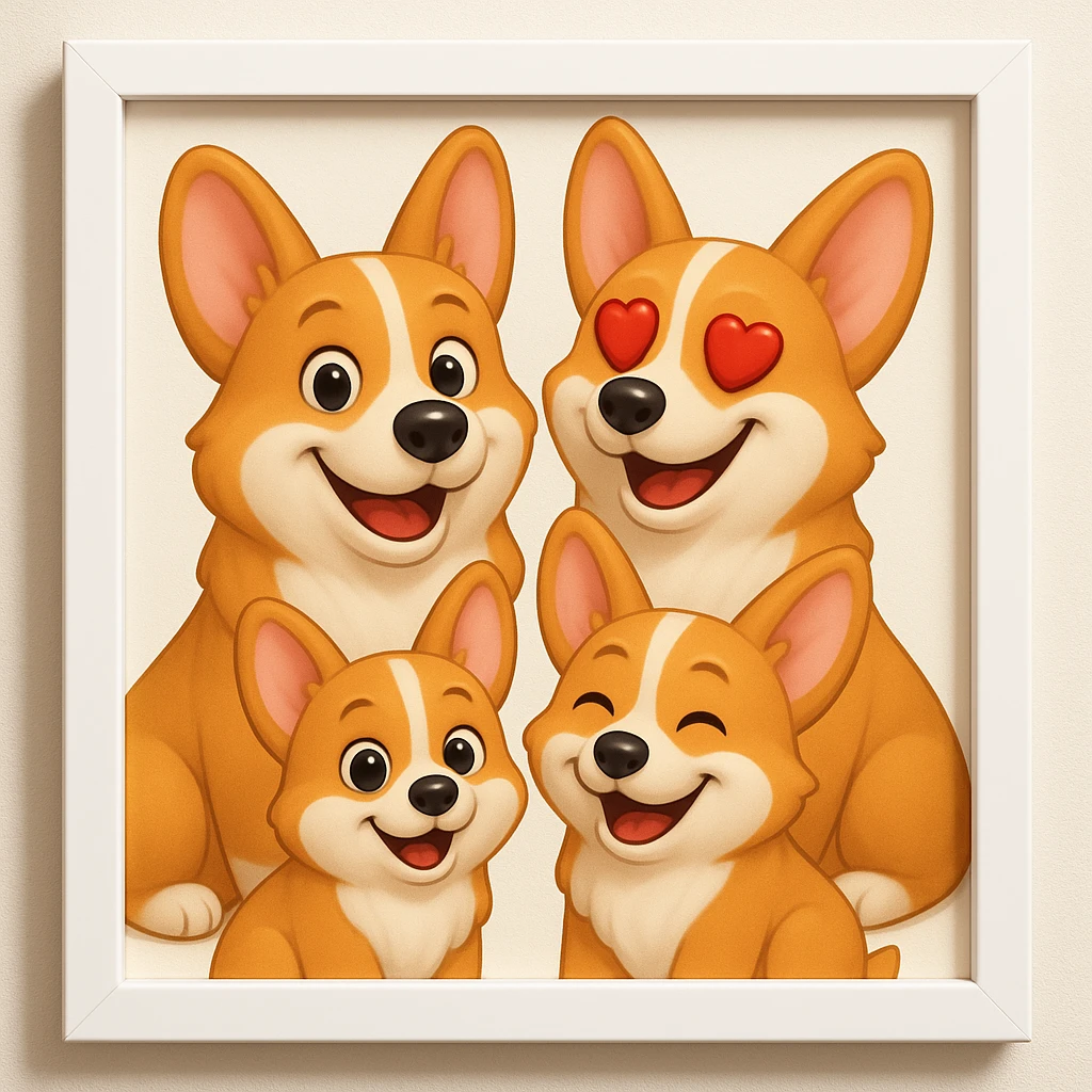 Make the lines and style of the corgi family photo match the 3D emoji look and line quality of the reference image, with smooth, soft shading and a playful, expressive feel. Keep the family photo in a modern white frame. The style should resemble the 3D emoji style with smooth and soft shading, playful and expressive. emoji