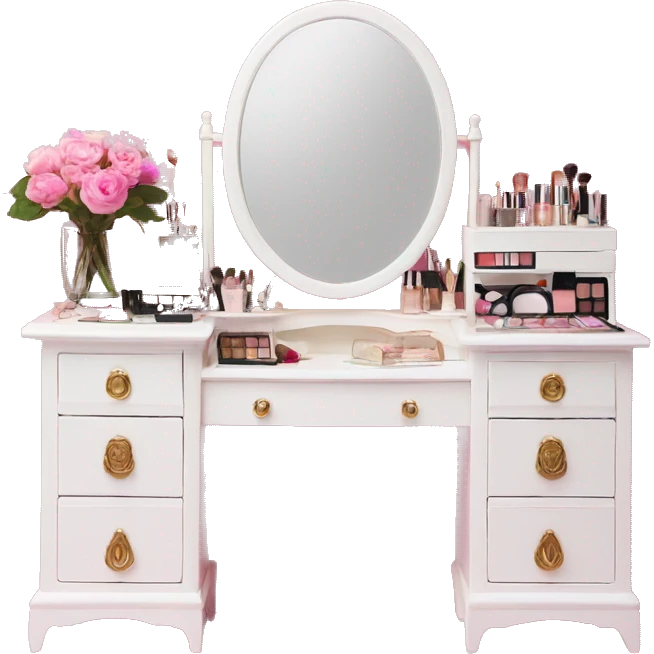 white vintage makeup vanity with pink accessories and flowers  emoji