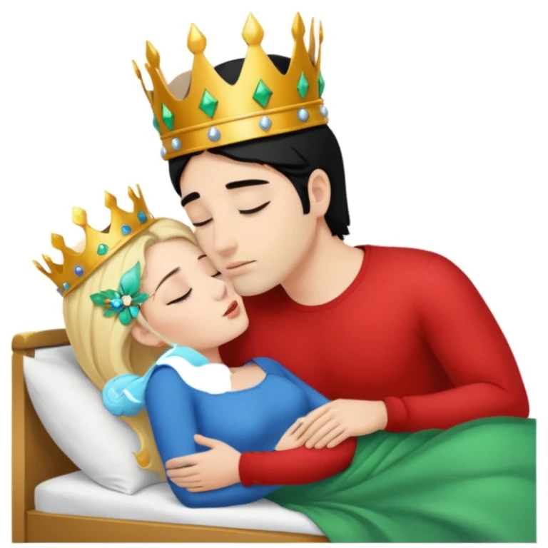 Blonde Queen with crown, Green eyes, naked, kissing man, naked, no crown, black hair, blue eyes, whole Body, Background sleeping room  emoji