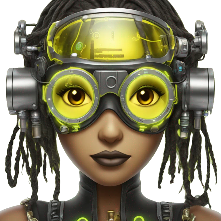 Neon yellow bobbed hair Latina female cyborg head with silver steampunk goggles and circuits emoji